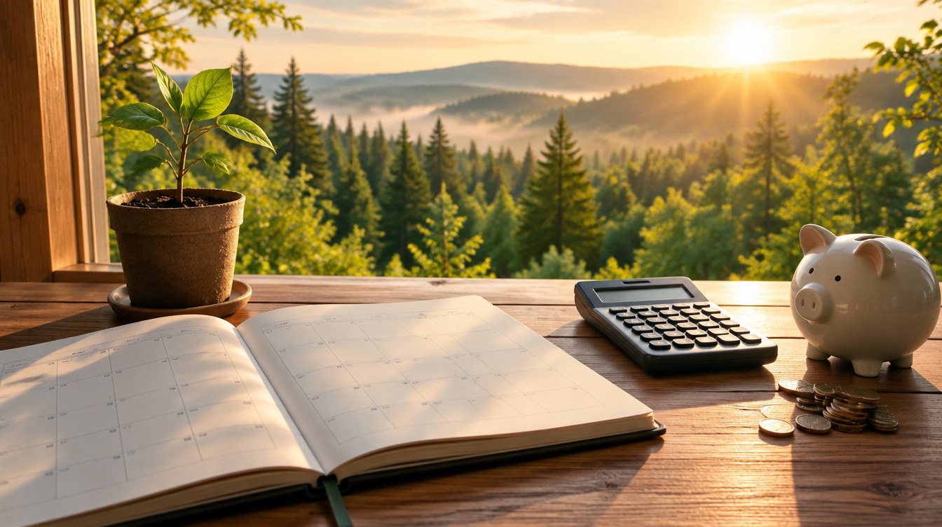 Escritorio con agenda, planta, calculadora y alcancía frente a un bosque al amanecer